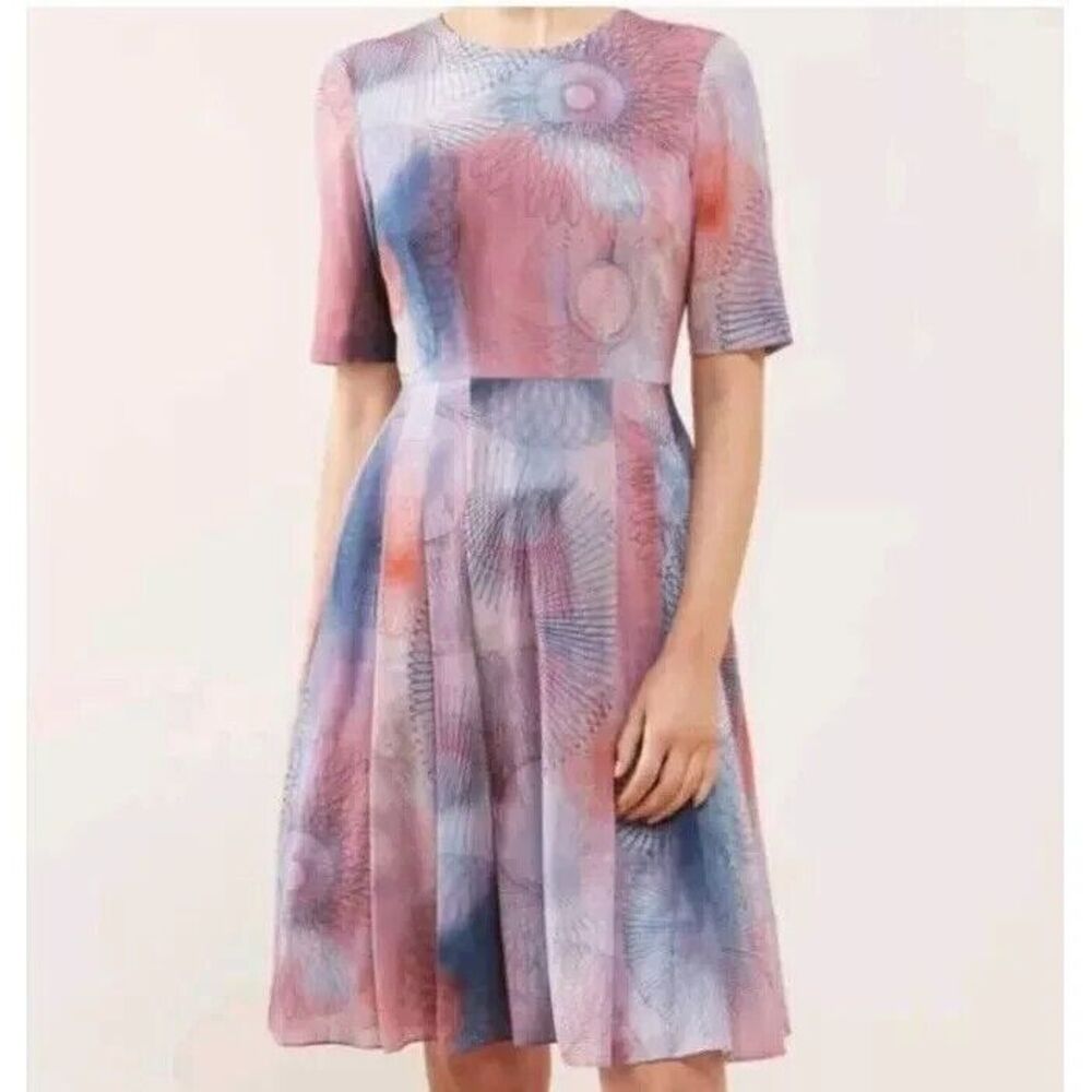 Jigsaw Spiro Print Silk Dress 4 Pastel Pink Blue A-line Flowy Airy Romantic Tea